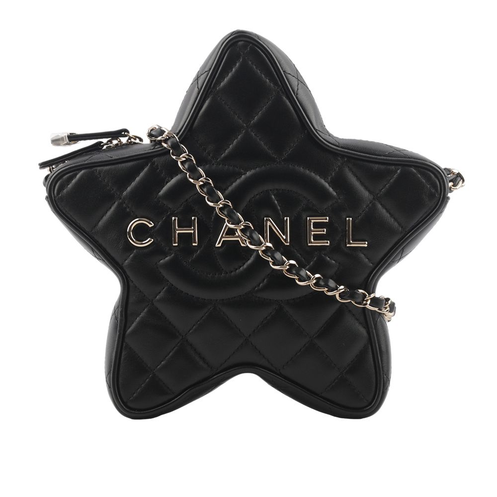 【CHANEL】24C 金色標誌菱格紋小羊皮星星包(黑色)/ 平行輸入
