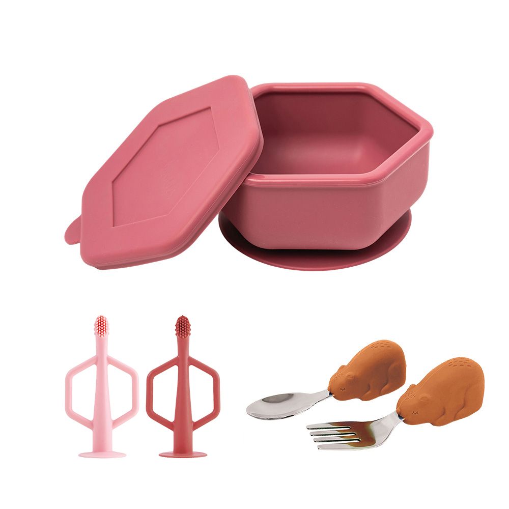 美國 tiny twinkle 安心矽膠餐具3件組/ 矽膠碗(勃根地紅)+牙刷(玫瑰組)+餐具組(肉桂熊)