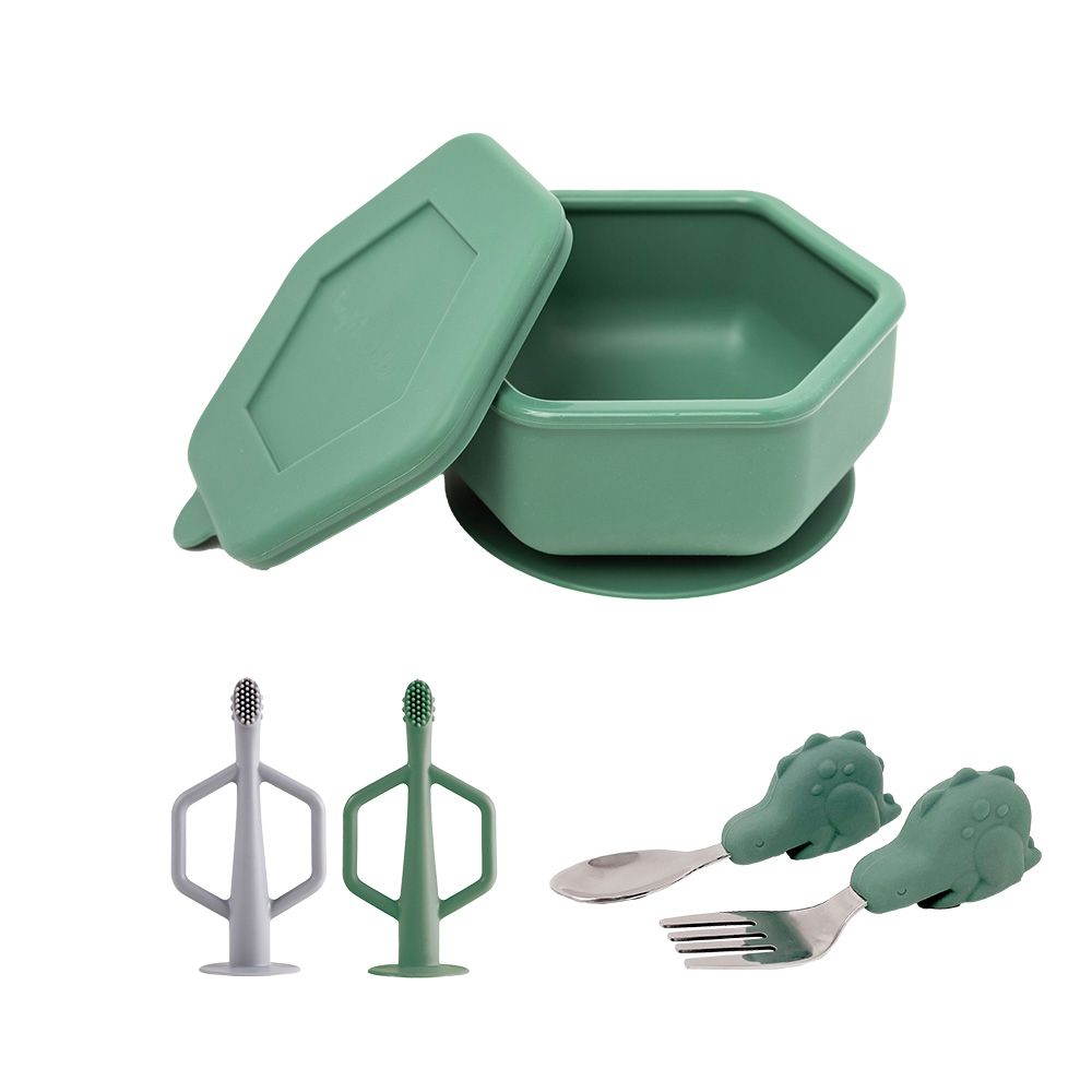 美國 tiny twinkle 安心矽膠餐具3件組/ 矽膠碗(橄欖綠)+牙刷(森林組)+餐具組(小恐龍)