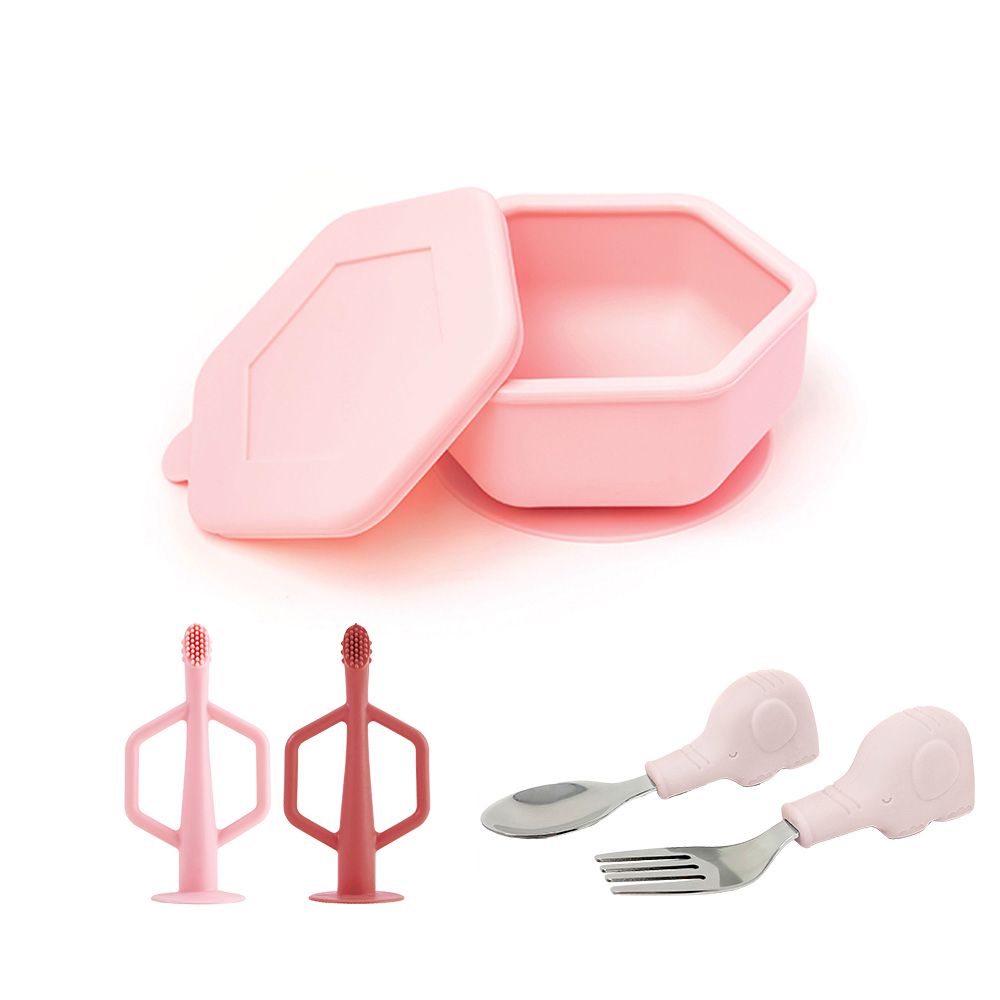 美國 tiny twinkle 安心矽膠餐具3件組/ 矽膠碗(草莓粉)+牙刷(玫瑰組)+餐具組(小粉象)