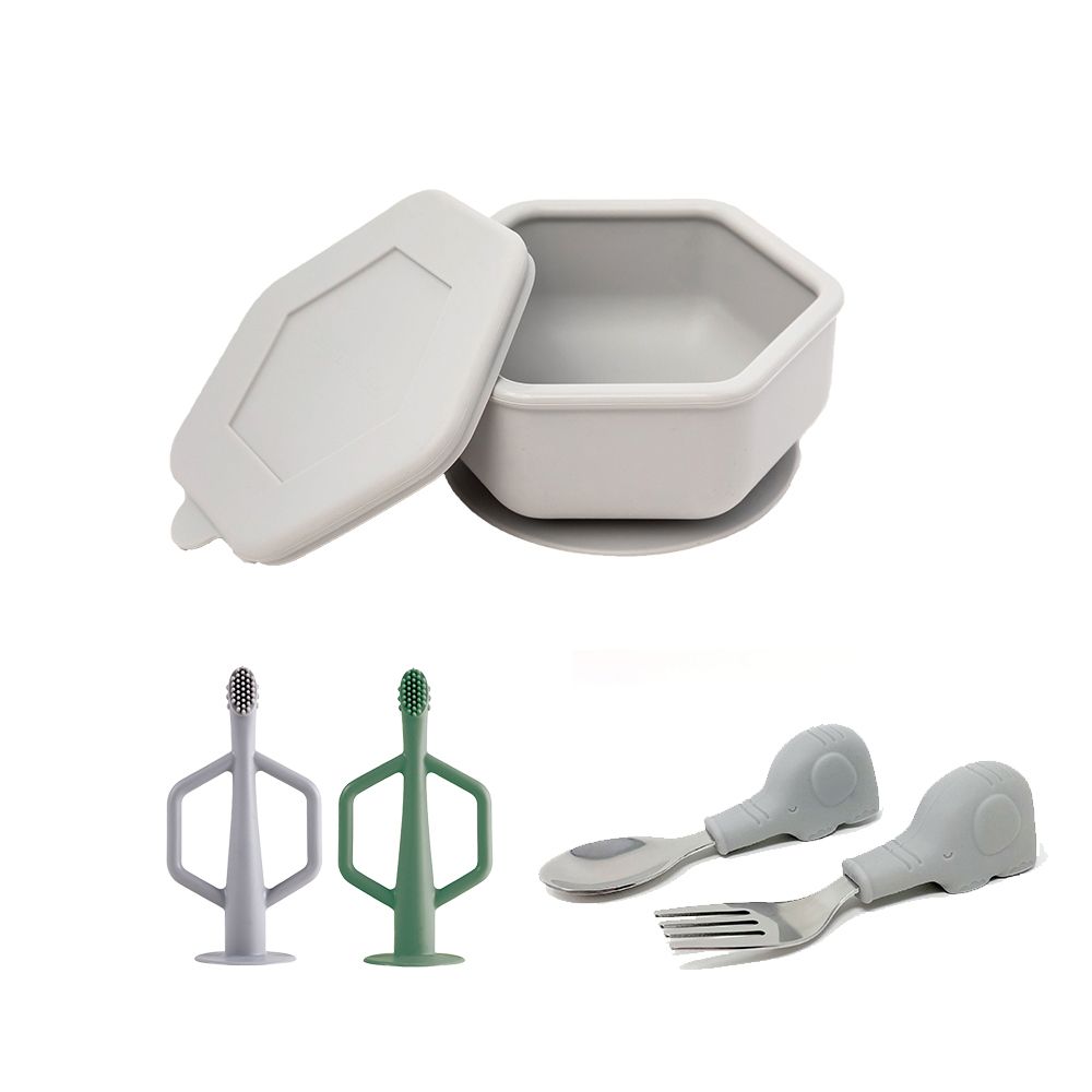 美國 tiny twinkle 安心矽膠餐具3件組/ 矽膠碗(銀河灰)+牙刷(森林組)+餐具組(銀河象)