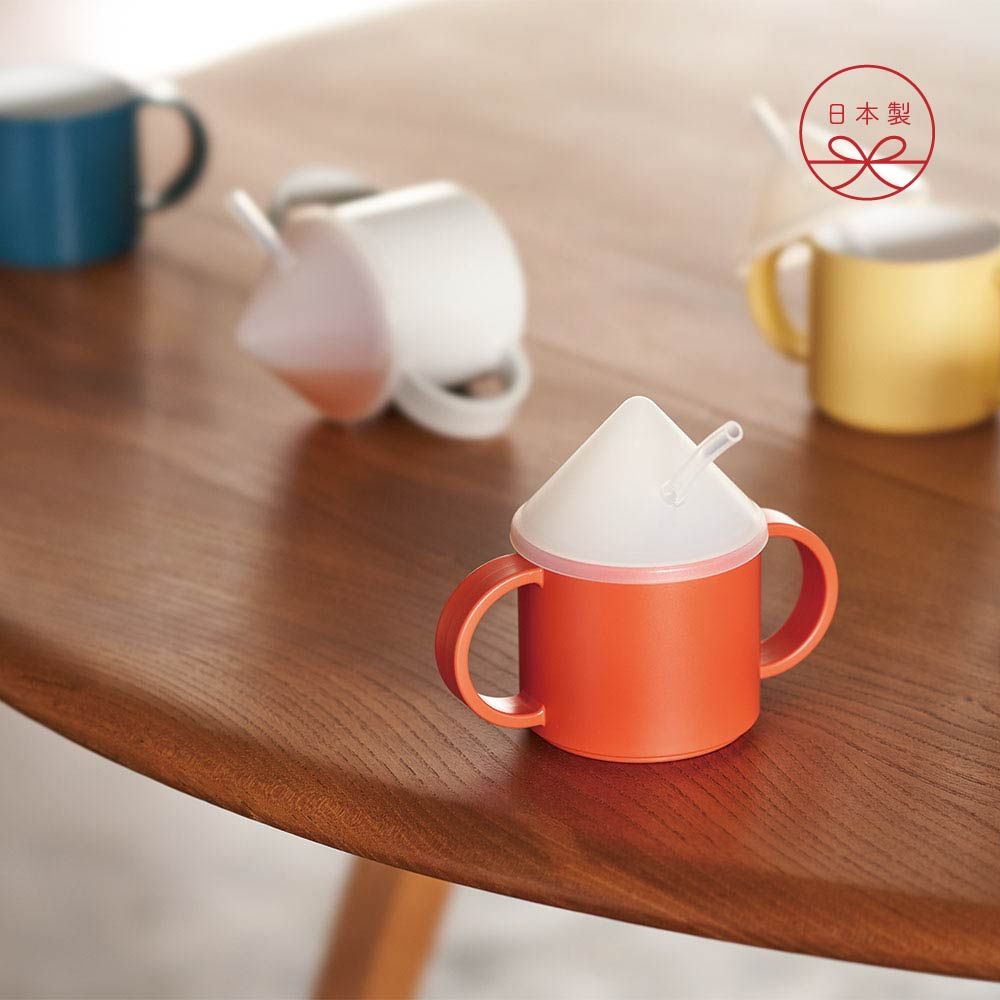 輕巧輕量不易破裂➤Tak Kids Dish 防摔雙把手水杯+吸管杯蓋組合/ 經典橘