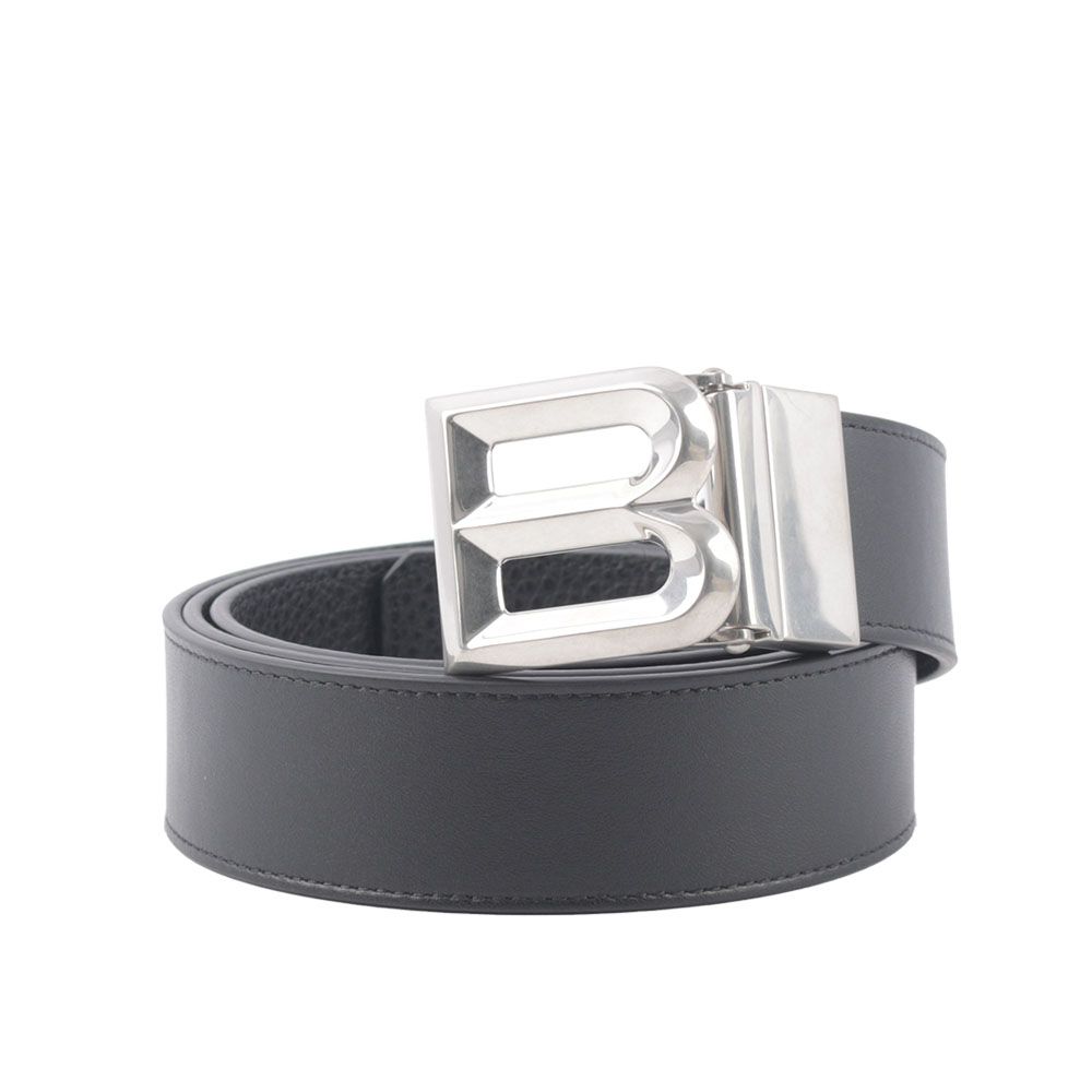 【BALLY】B-BUCKLE 3.5cm 銀釦小牛皮皮帶(黑色)/ 平行輸入