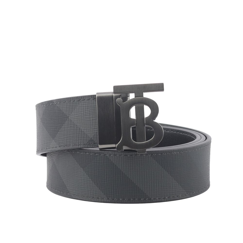 【BURBERRY 巴寶莉】TB Logo 帆布及牛皮寬3.5cm雙面可用皮帶(炭灰/石墨黑) 85cm/ 平行輸入