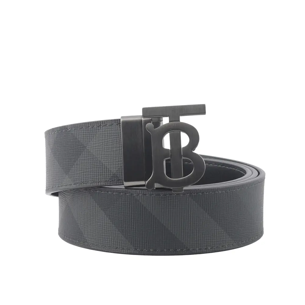 【BURBERRY 巴寶莉】TB Logo 帆布及牛皮寬3.5cm雙面可用皮帶(炭灰/石墨黑) 105cm/ 平行輸入