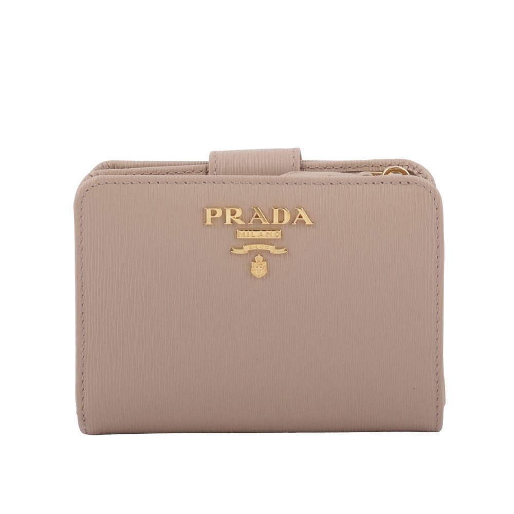【PRADA】浮雕Logo水波紋拉鍊釦式厚款零錢短夾(藕粉色)/ 平行輸入