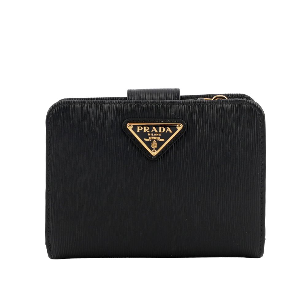 【PRADA】三角牌Logo水波紋拉鍊釦式厚款零錢短夾(黑色)/ 平行輸入