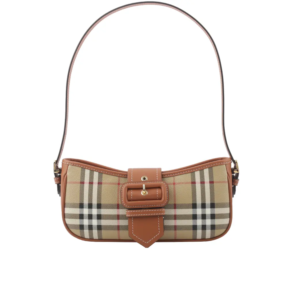 【BURBERRY】Sling 經典格紋風衣釦肩背包(經典米色/石楠木棕色)/ 平行輸入
