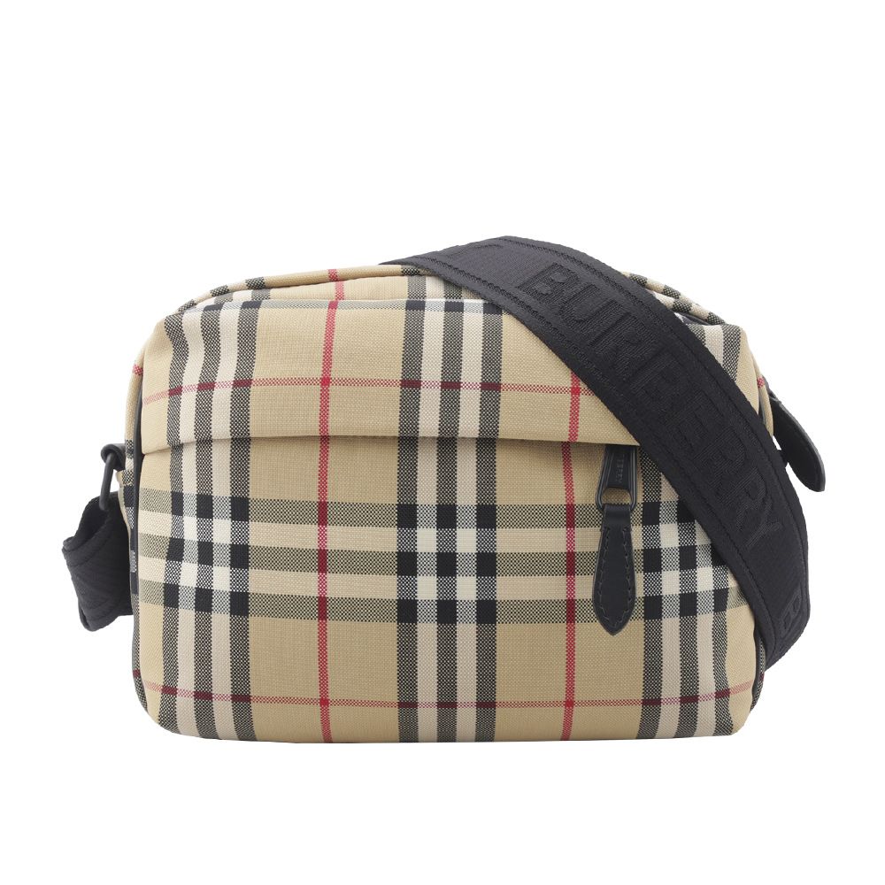 【BURBERRY】Paddy 格紋尼龍帆布拉鍊斜背包(經典米色)/ 平行輸入