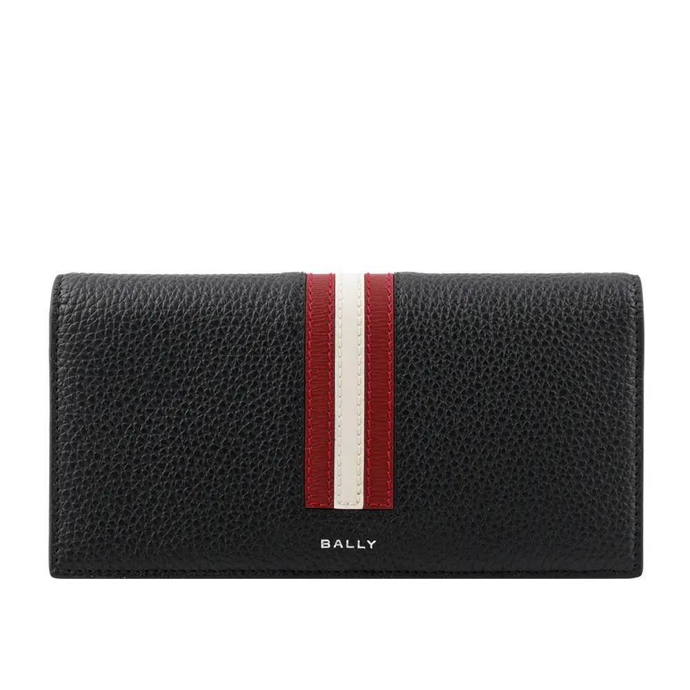【BALLY】Ribbon 紅白條紋牛皮對開長夾(黑色)/ 平行輸入