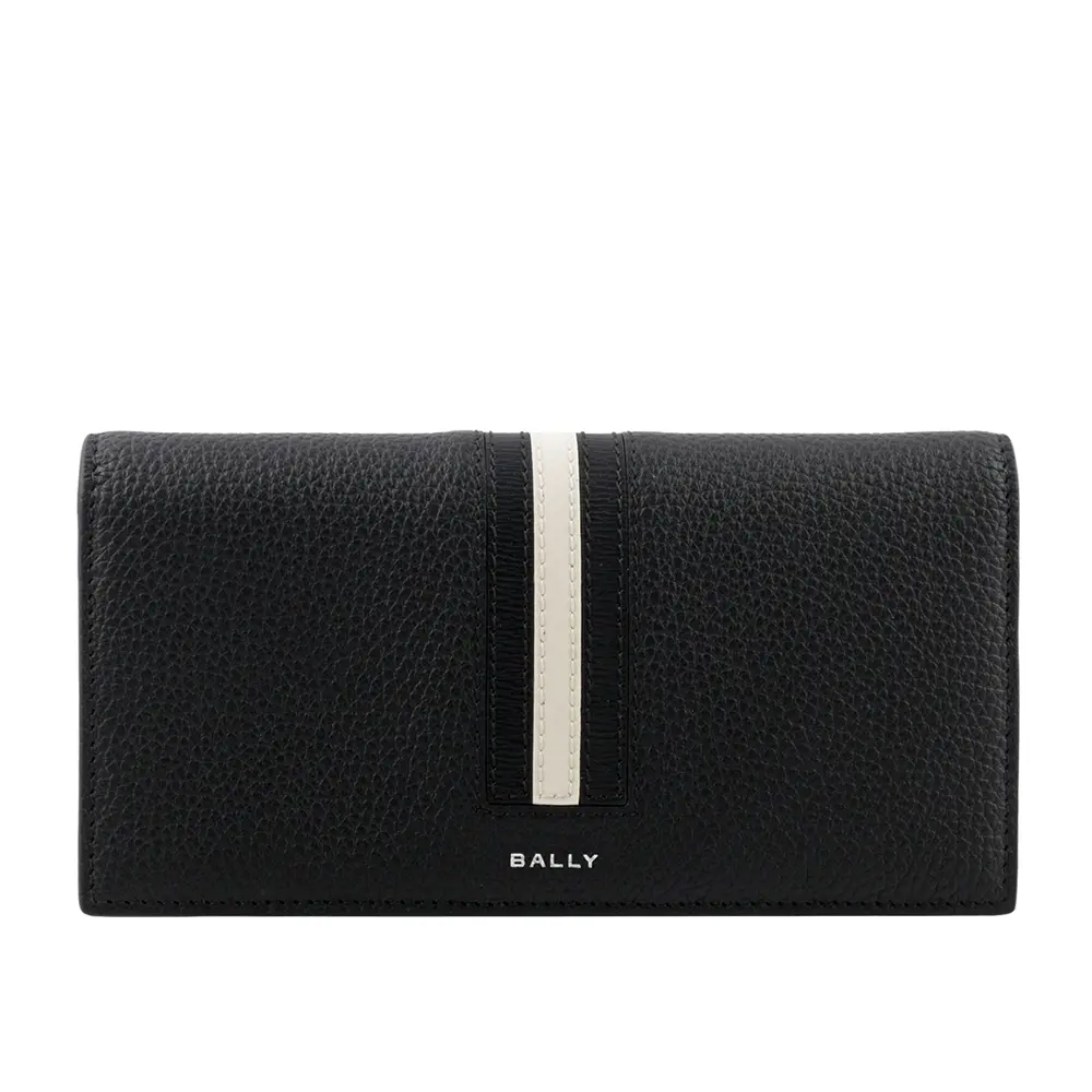 【BALLY】Ribbon 黑白條紋牛皮對開長夾(黑色)/ 平行輸入