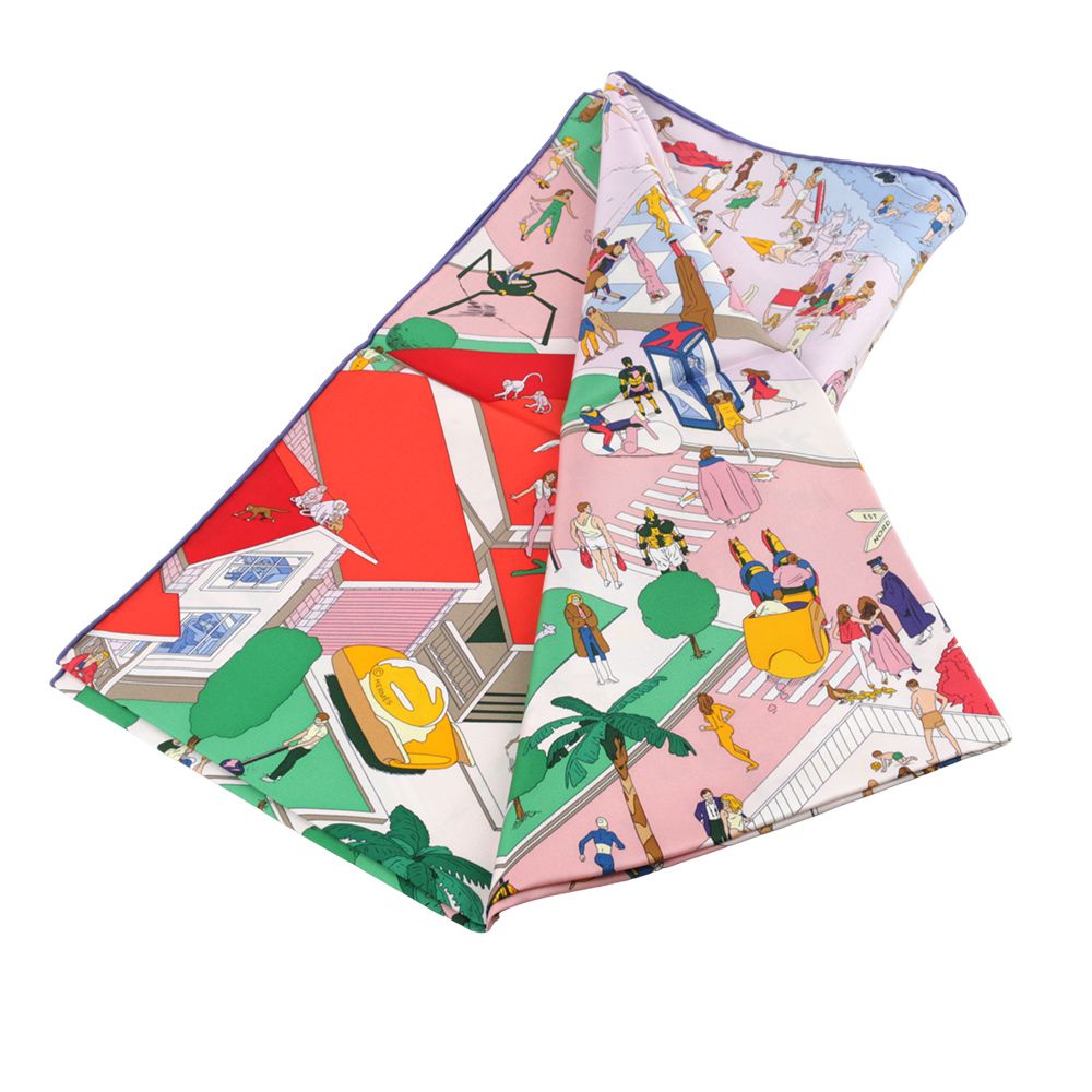 【HERMES】海灘圖案絲質方巾(90 x 90)(玫瑰粉/綠色/紅色)/ 平行輸入