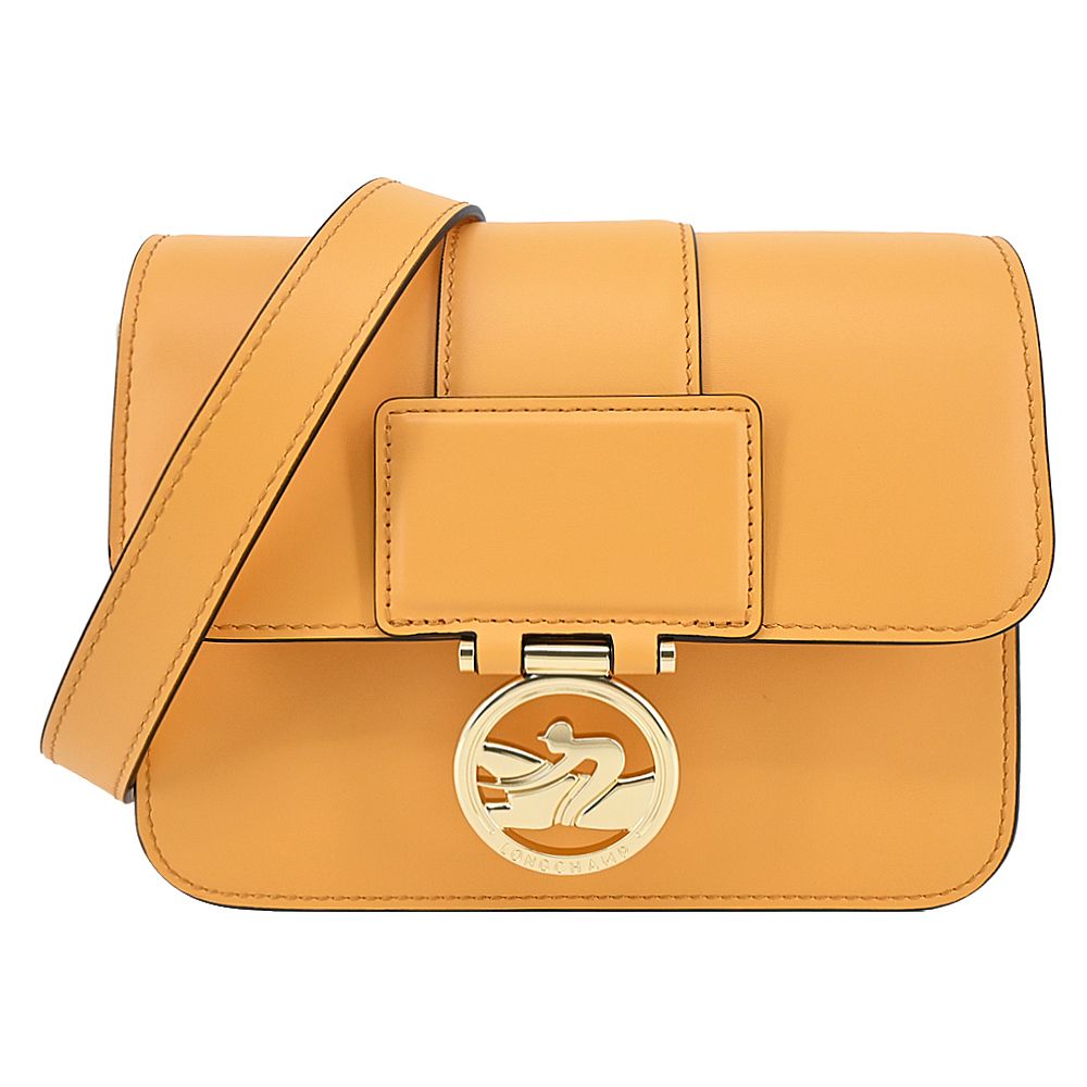 LONGCHAMP BOX-TROT系列小牛皮金屬LOGO翻蓋斜背包(小/杏黃)/平行輸入