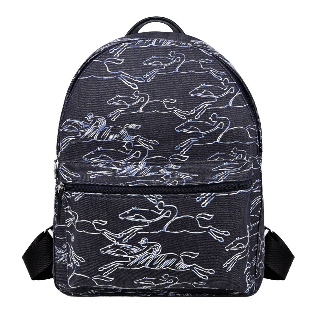 LONGCHAMP LE PLIAGE COLLECTION系列駿馬塗鴉丹寧布後背包(海軍藍)平行輸入