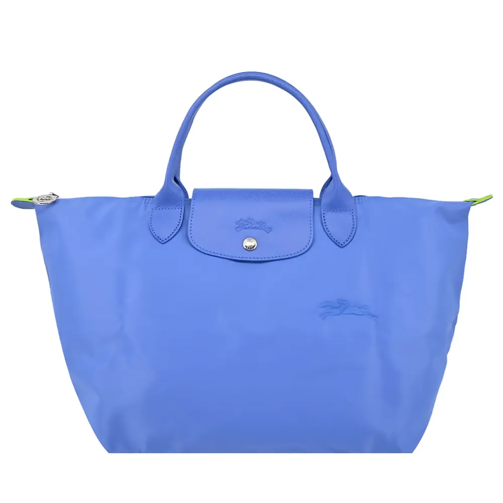 LONGCHAMP LE PLIAGE GREEN系列刺繡短把再生尼龍摺疊水餃包(中/失車菊藍)/平行輸入