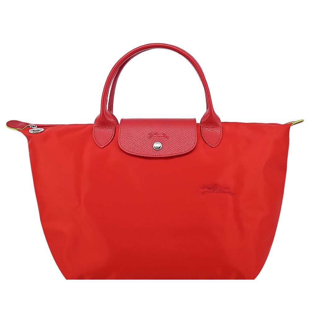 LONGCHAMP LE PLIAGE GREEN系列刺繡短把再生尼龍摺疊水餃包(中/番茄紅)/平行輸入