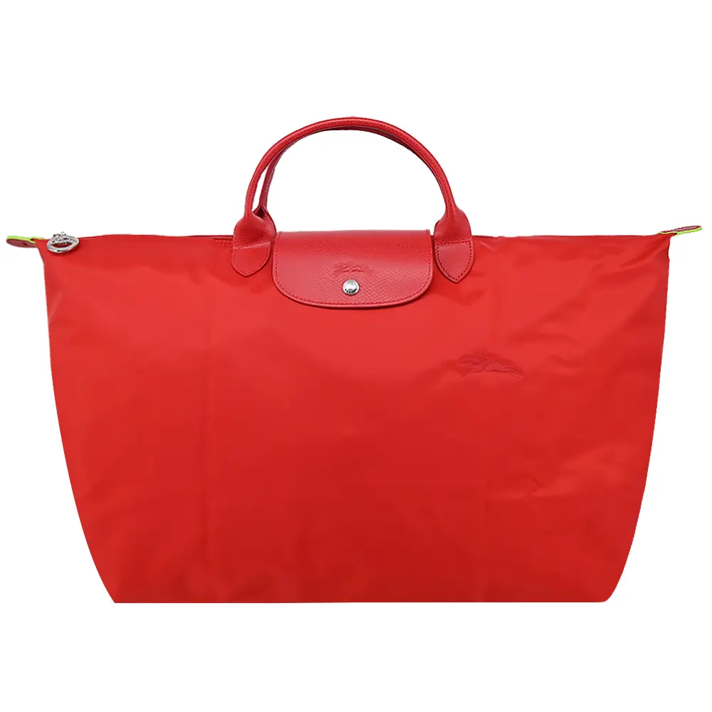 LONGCHAMP LE PLIAGE GREEN系列刺繡短把再生尼龍摺疊旅行袋(小/番茄紅)/平行輸入