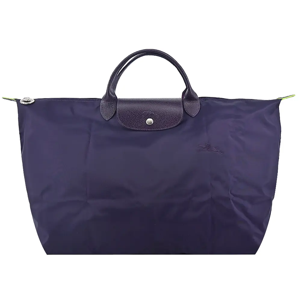 LONGCHAMP LE PLIAGE GREEN系列刺繡短把再生尼龍摺疊旅行袋(小/藍莓)/平行輸入