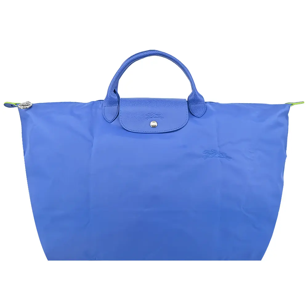 LONGCHAMP LE PLIAGE GREEN系列刺繡短把再生尼龍摺疊旅行袋(小/失車菊藍)/平行輸入