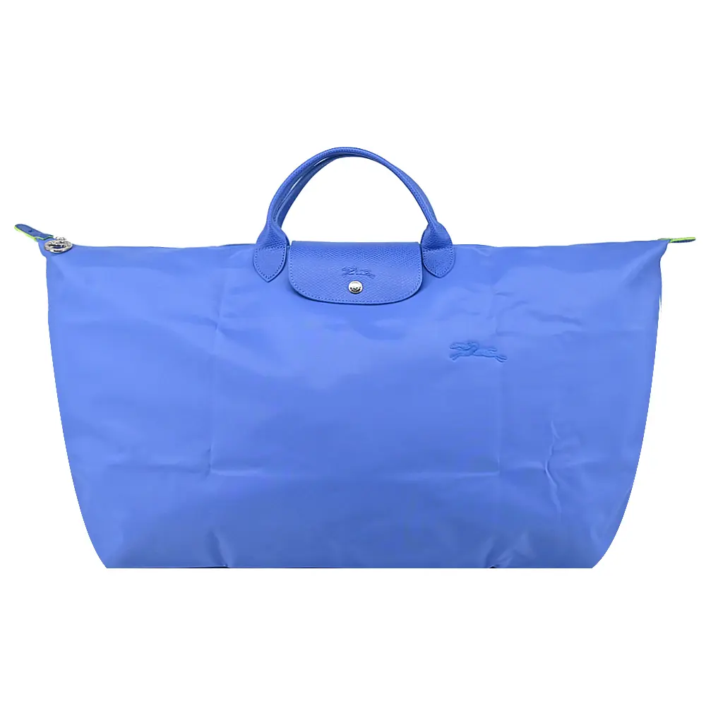 LONGCHAMP LE PLIAGE GREEN系列刺繡短把再生尼龍摺疊旅行袋(中/失車菊藍)/平行輸入