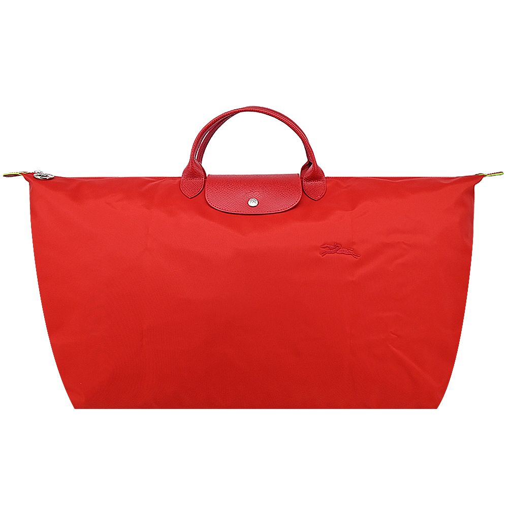 LONGCHAMP LE PLIAGE GREEN系列刺繡短把再生尼龍摺疊旅行袋(中/番茄紅)/平行輸入