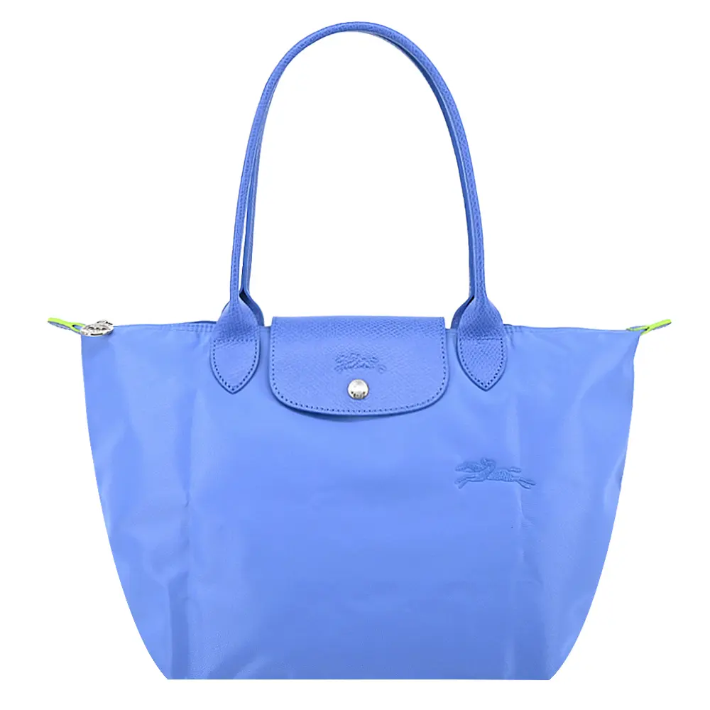 LONGCHAMP LE PLIAGE GREEN系列刺繡長把再生尼龍摺疊水餃包(中/失車菊藍)/平行輸入