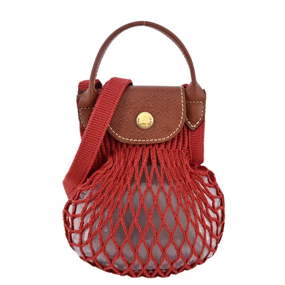 LONGCHAMP LE PLIAGE FILET系列網狀棉質手提/斜背兩用包(迷你/桃花心木)/平行輸入
