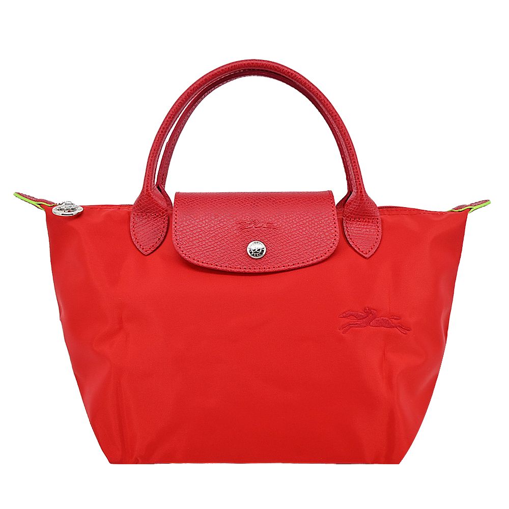 LONGCHAMP LE PLIAGE GREEN系列刺繡短把再生尼龍摺疊水餃包(小/番茄紅)/平行輸入