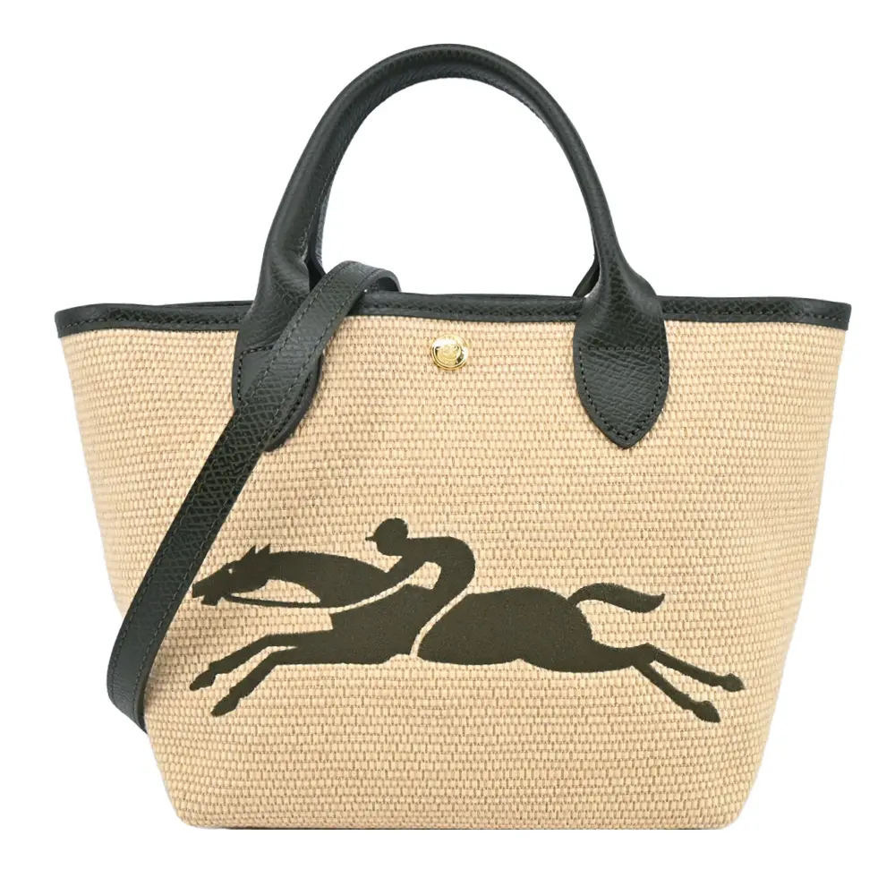 LONGCHAMP LE PANIER PLIAGE系列編織奔馬兩用包(小/卡其綠)/平行輸入