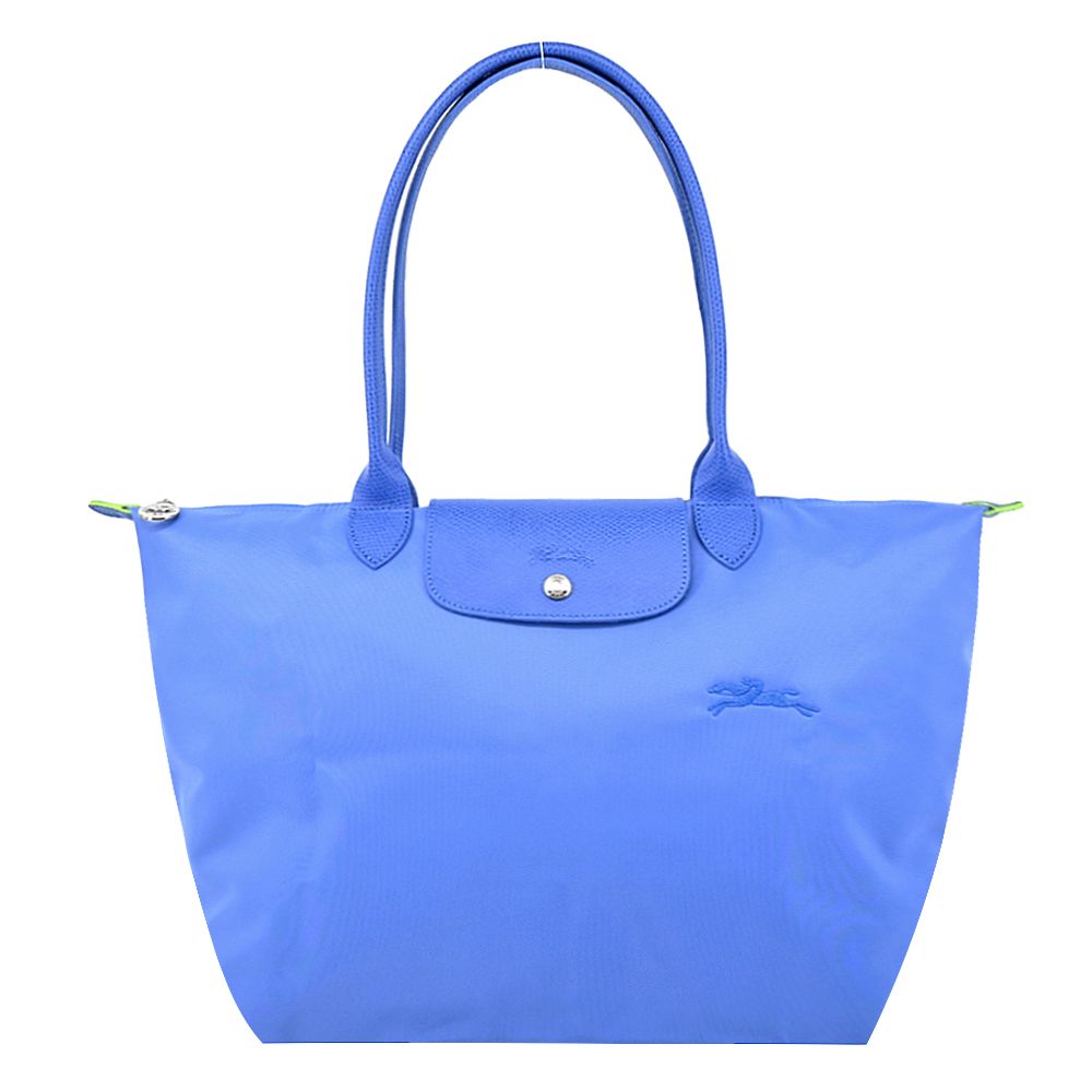 LONGCHAMP LE PLIAGE GREEN系列刺繡長把再生尼龍摺疊水餃包(大/失車菊藍)/平行輸入
