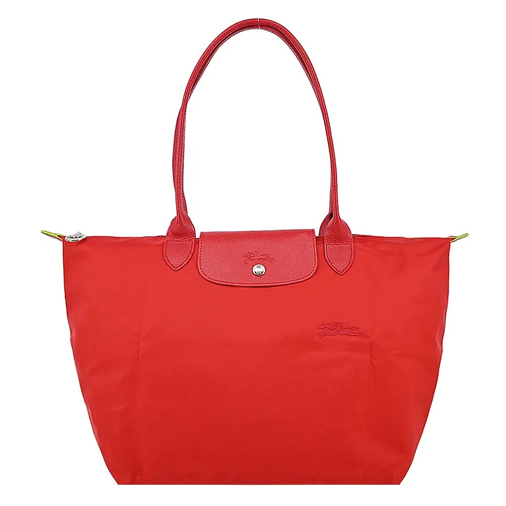 LONGCHAMP LE PLIAGE GREEN系列刺繡長把再生尼龍摺疊水餃包(大/番茄紅)/平行輸入