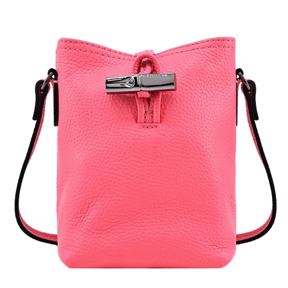 LONGCHAMP ROSEAU ESSENTIAL系列竹節牛皮斜背水桶包(迷你/石榴紅)/平行輸入