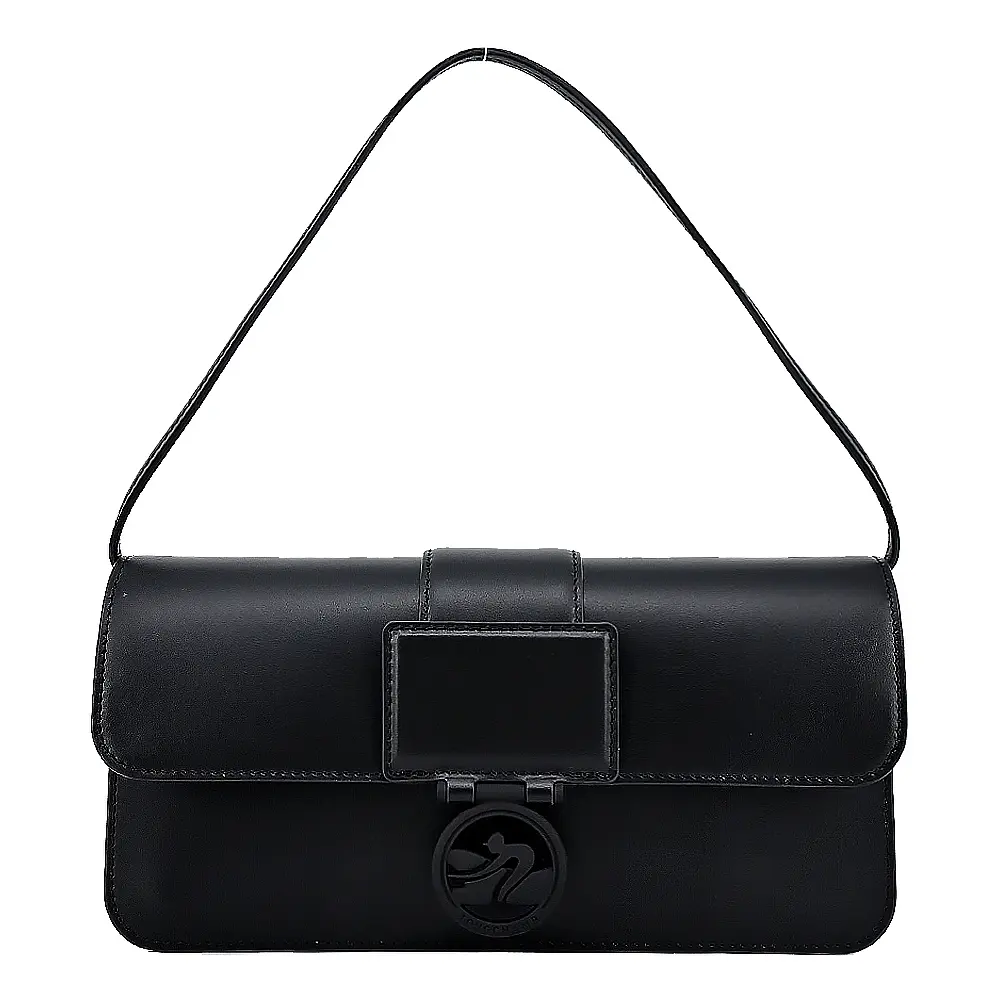 LONGCHAMP BOX-TROT系列小牛皮同色LOGO翻蓋單肩包(中/黑)平行輸入