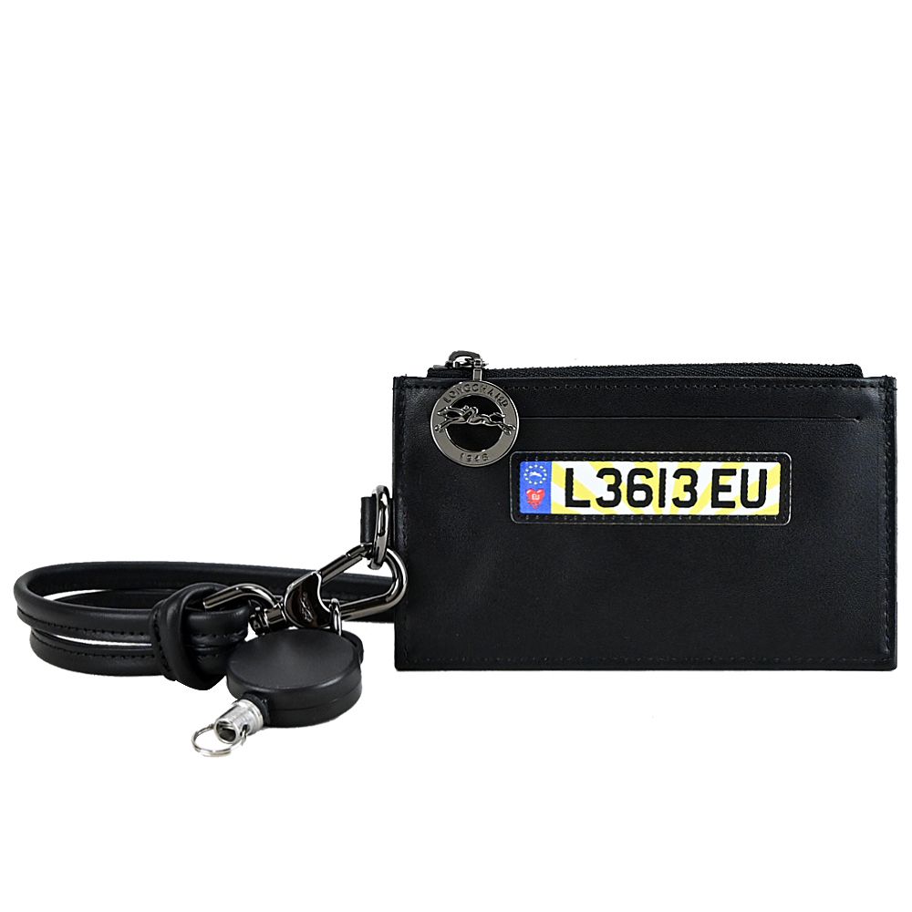 LONGCHAMP X EU王者聯名LE PLIAGE CUIR系列小羊皮頸掛式零錢包(黑)平行輸入