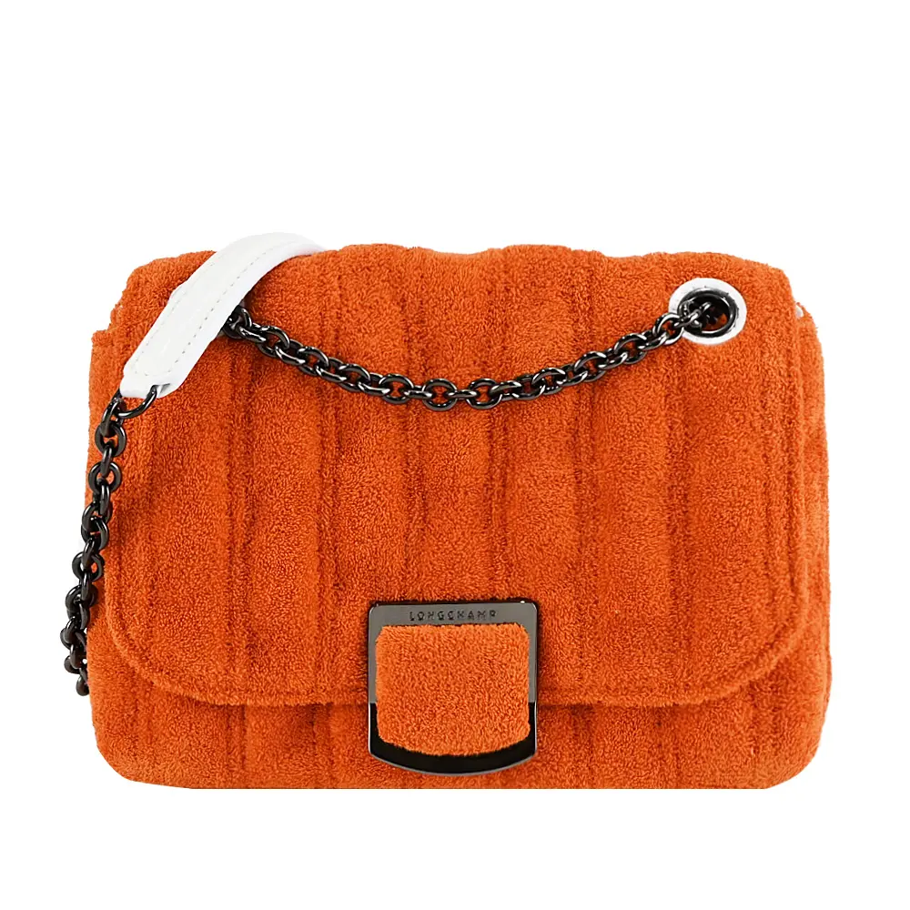 LONGCHAMP BRIOCHE EPONGE系列小綿羊皮拼接棉質帆布翻蓋鏈帶斜背包(小/柳橙)/平行輸入