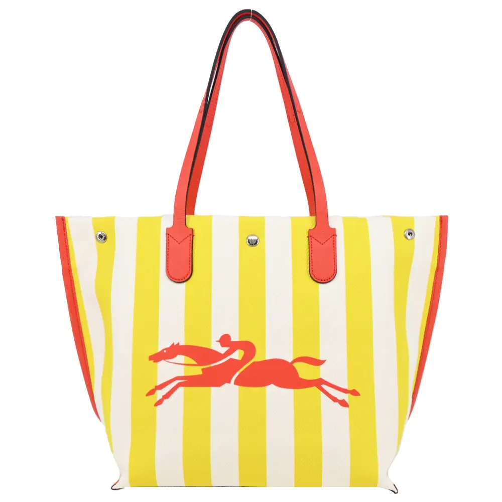 LONGCHAMP ROSEAU ESSENTIAL系列帆布LOGO字母條紋托特包(大/黃x白)/平行輸入