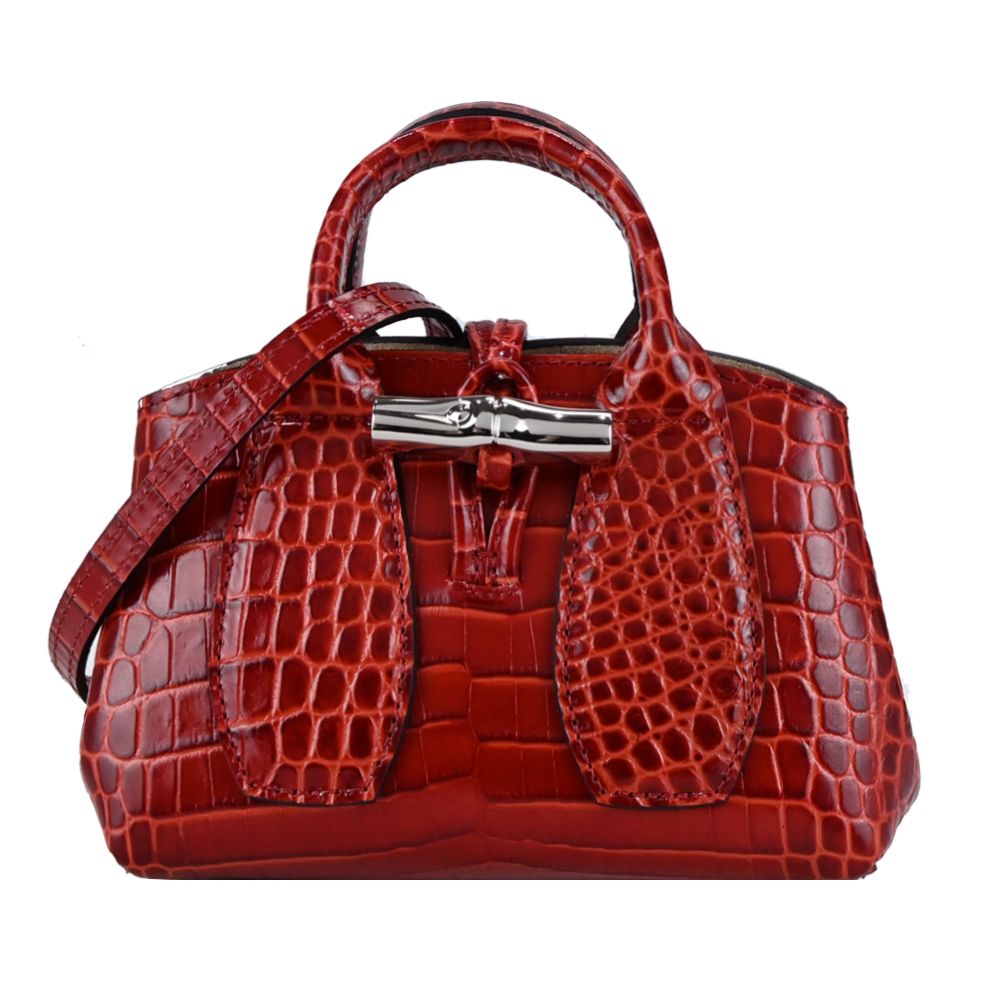 LONGCHAMP ROSEAU系列竹節鱷魚紋小牛皮手提/斜背兩用包(迷你/多色選)/平行輸入/ 橘紅