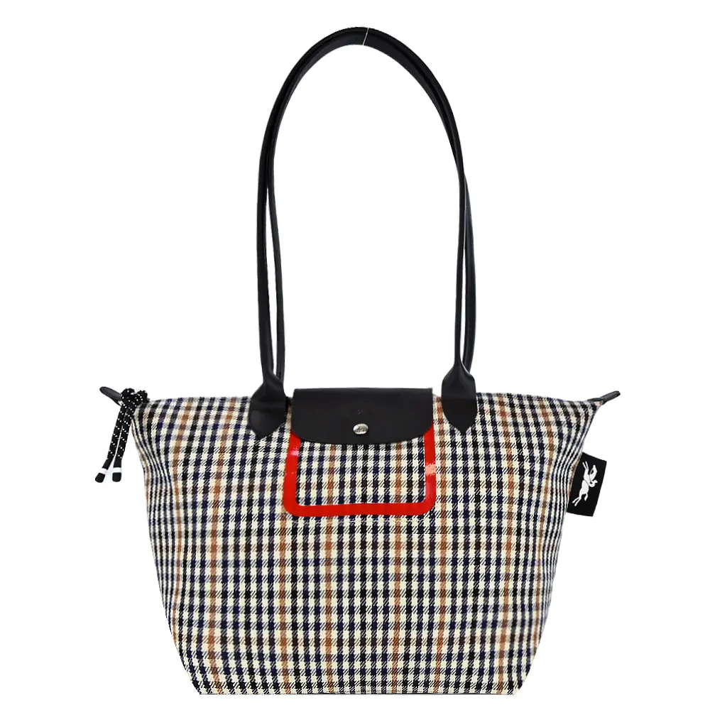 LONGCHAMP LE PLIAGE 系列千鳥格紋帆布長把肩背/斜背包(海軍藍x白蘭地酒)/平行輸入