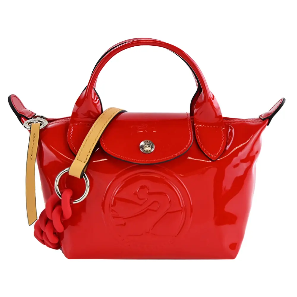 LONGCHAMP LE PLIAGE CUIR系列小牛皮漆皮壓印霧面防滑鍊帶兩用水餃包(迷你/多色選)/平行輸入/ 朱紅
