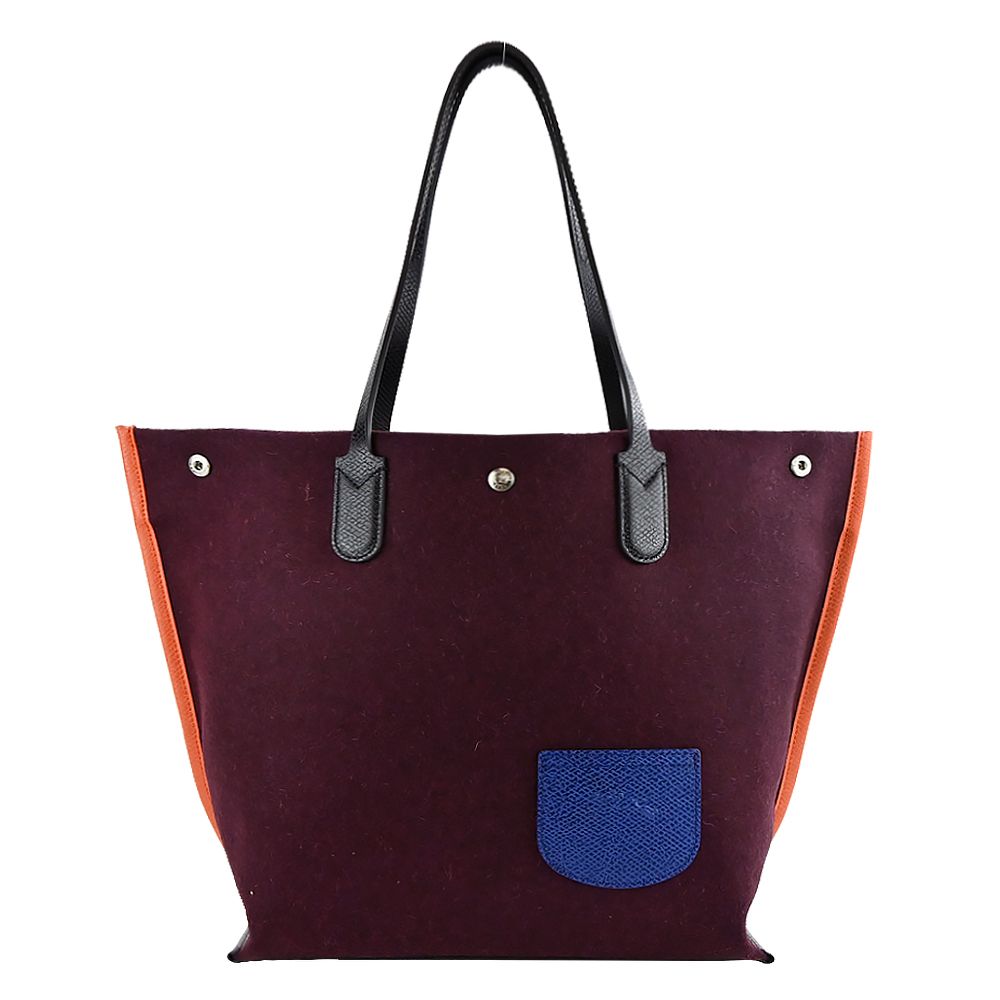 LONGCHAMP ESSENTIAL系列羊毛拼接帆布撞色前口袋肩背包(大/多色選)/平行輸入/ 酒紅