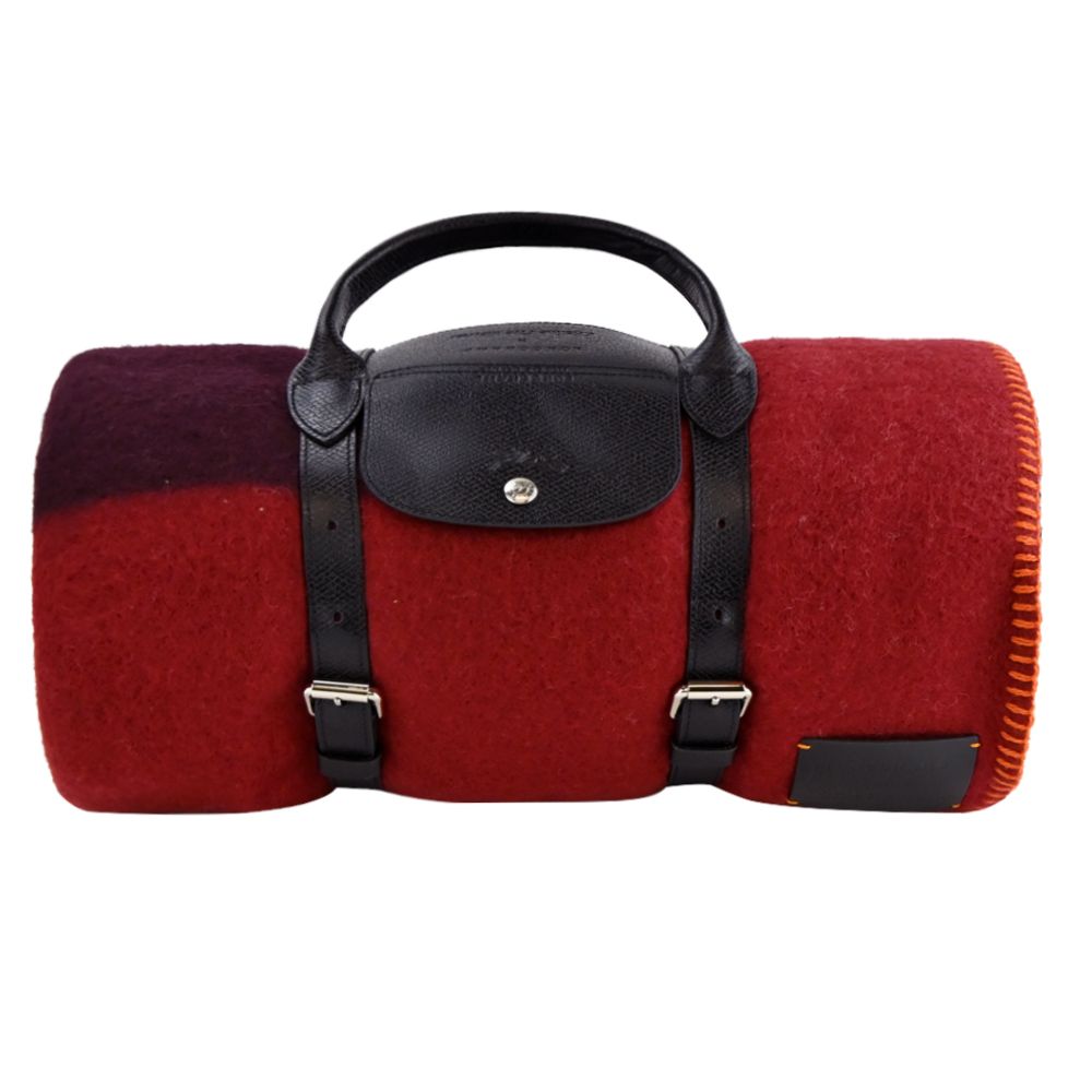 LONGCHAMP COLLECTION系列Kristine Five Melvær聯名羔羊毛披肩/毛毯(柳橙x藍)/平行輸入