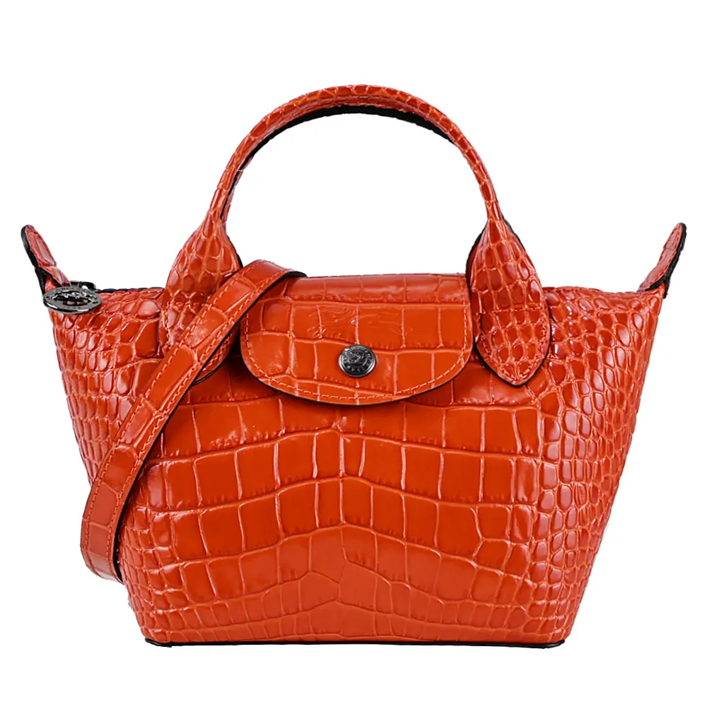 LONGCHAMP LE PLIAGE CUIR系列鱷魚紋牛皮短把兩用水餃包(迷你/多色選)/平行輸入/ 柳橙