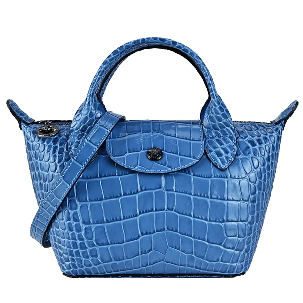 LONGCHAMP LE PLIAGE CUIR系列鱷魚紋牛皮短把兩用水餃包(迷你/多色選)/平行輸入/ 岩板藍