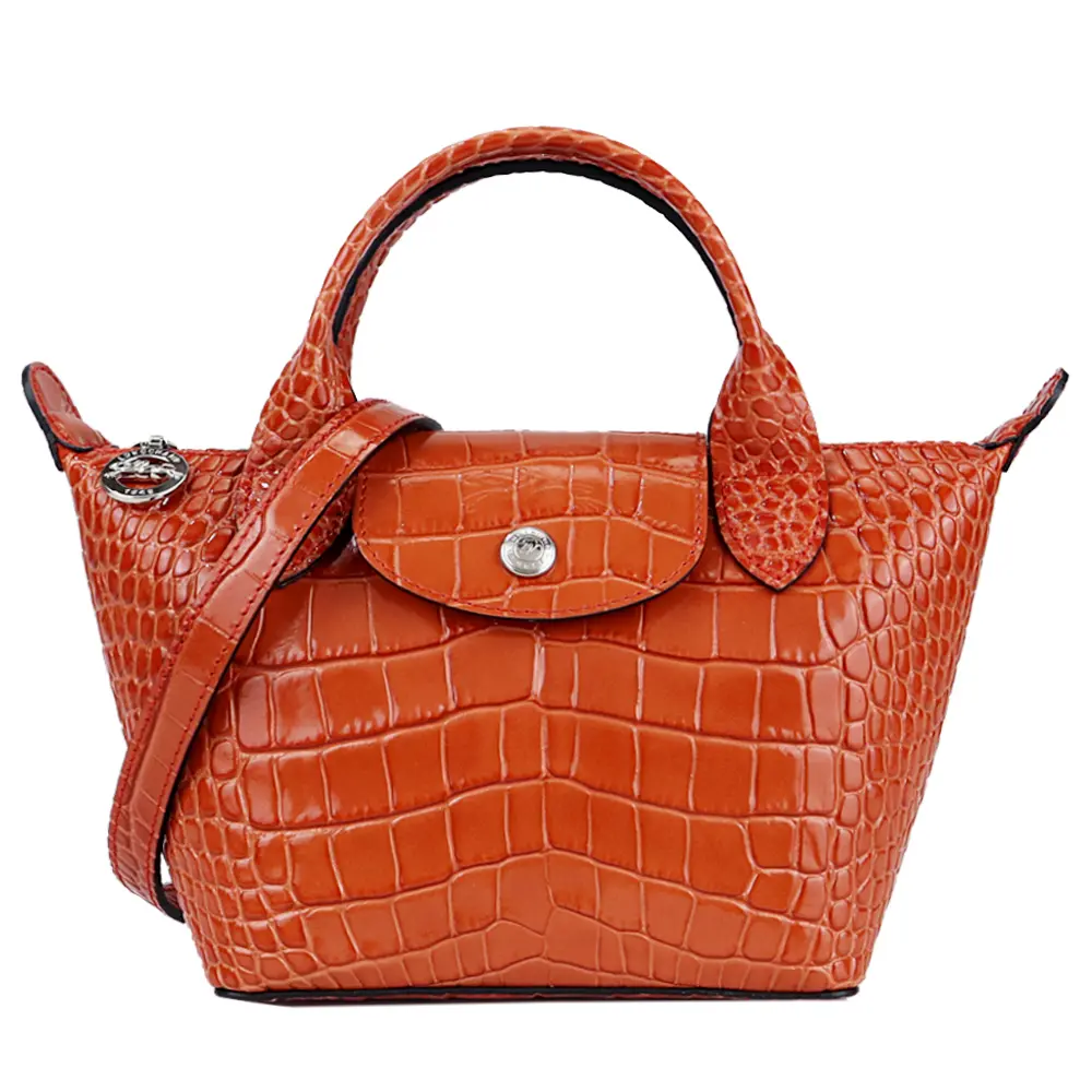 LONGCHAMP LE PLIAGE CUIR系列鱷魚紋牛皮短把兩用水餃包(迷你/多色選)/平行輸入/ 橘紅