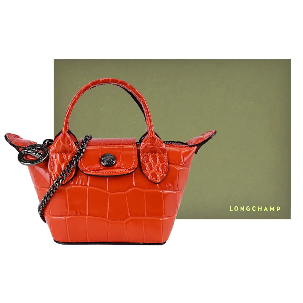 LONGCHAMP LE PLIAGE CUIR系列鱷魚紋牛皮鏈帶斜背水餃包(超迷你/多色選)/平行輸入/ 柳橙