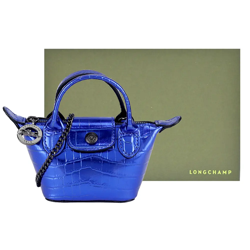 LONGCHAMP LE PLIAGE CUIR系列鱷魚紋牛皮鏈帶斜背水餃包(超迷你/多色選)/平行輸入/ 寶藍