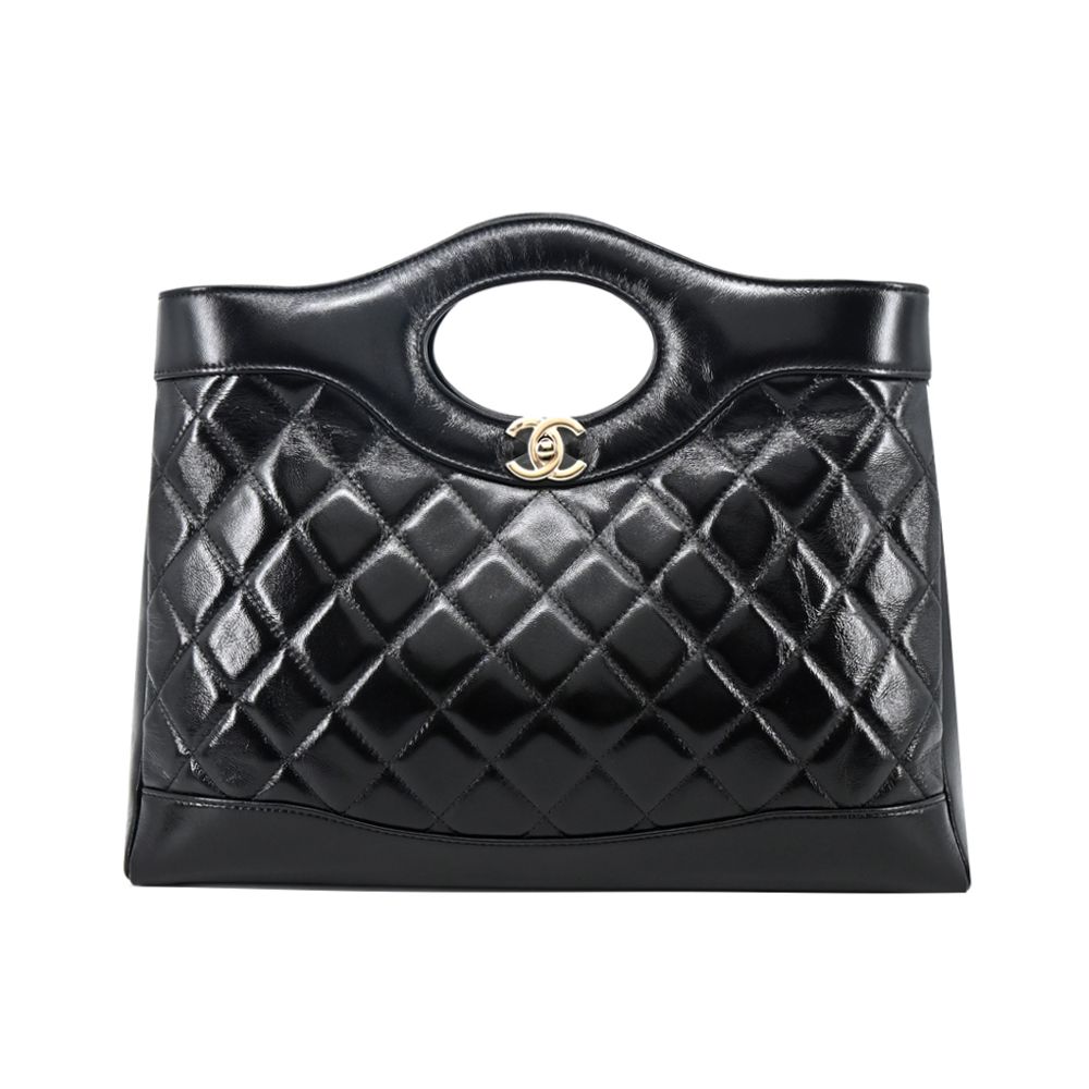 CHANEL 經典雙C LOGO 菱格紋亮面小羊皮購物包(黑色) /平行輸入