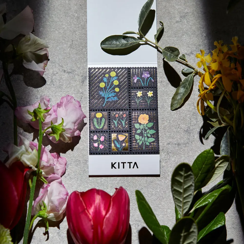 KING JIM KITTA隨身攜帶和紙膠帶 第14彈/ 燙金郵票貼紙/ 花/ 東出桂奈設計款