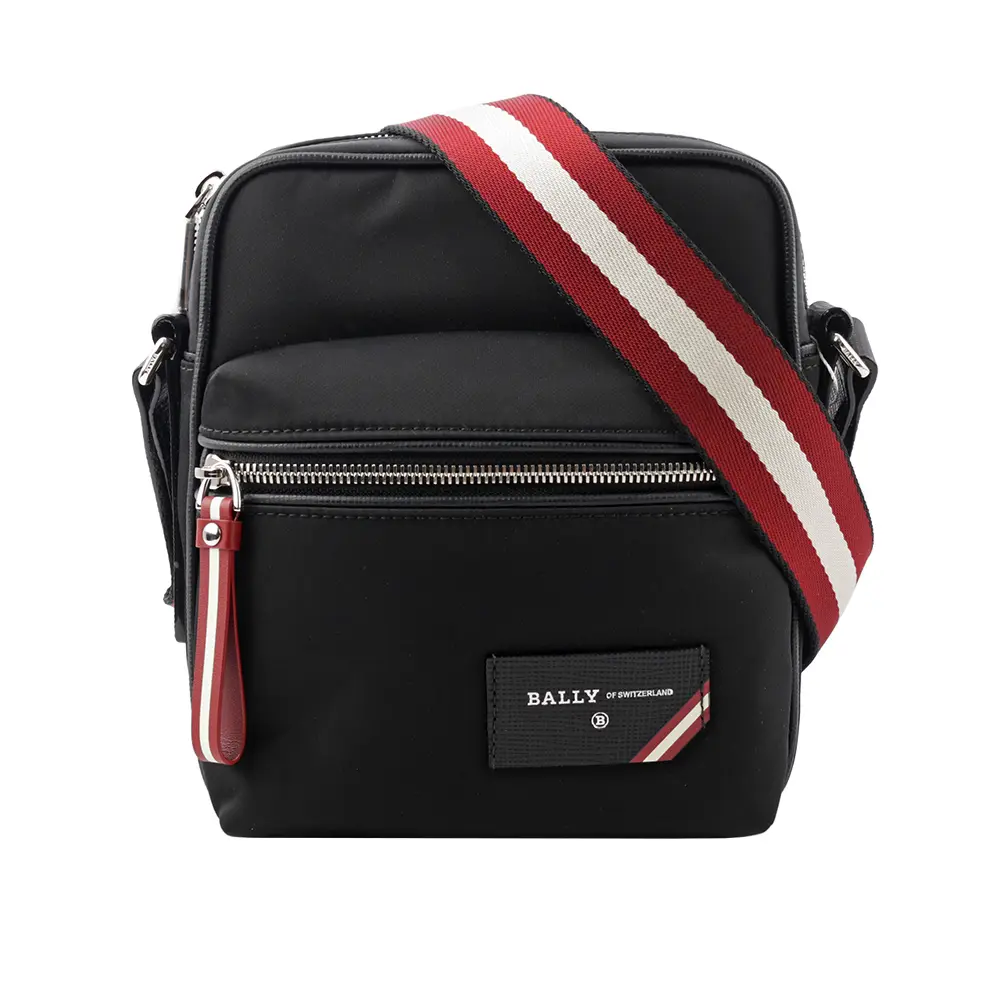 【BALLY】Explore 紅白條紋牛皮及尼龍拉鍊斜背包(黑色)/ 平行輸入
