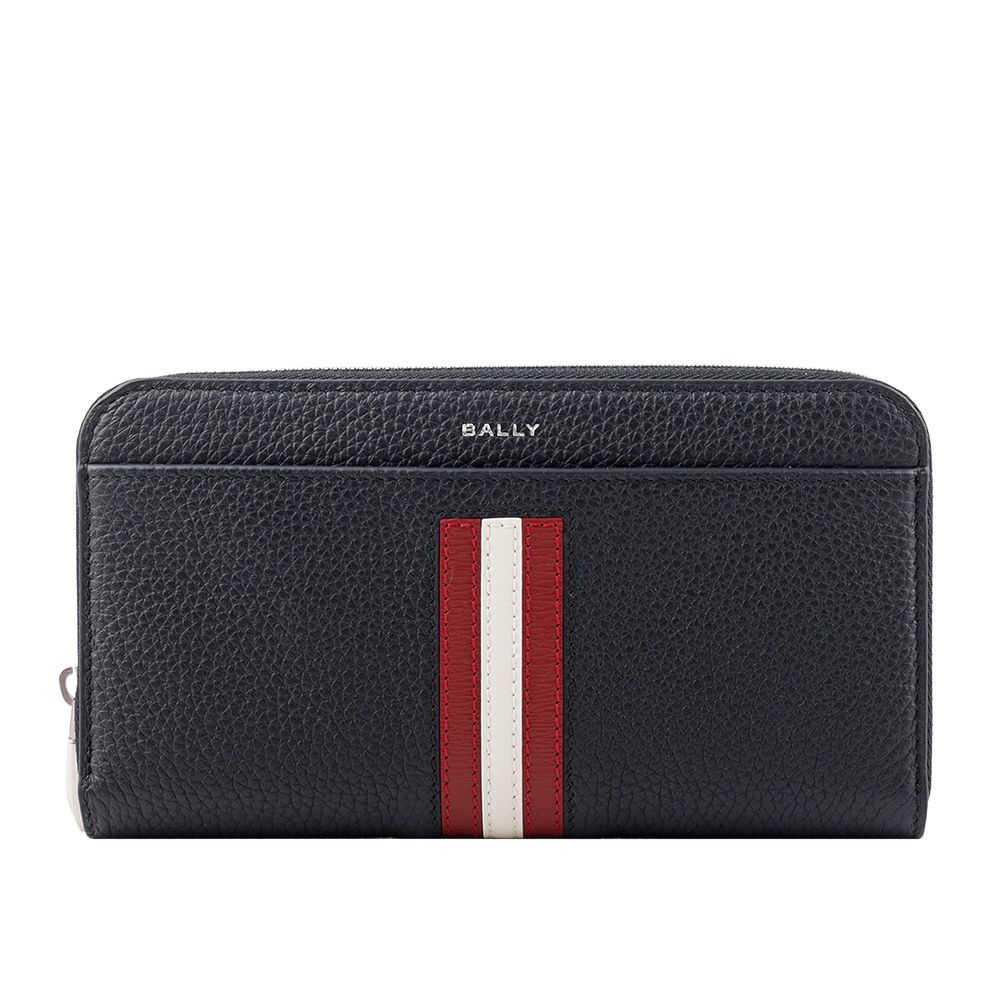 【BALLY】Ribbon 紅白條紋牛皮ㄇ形拉鍊長夾(黑色)/ 平行輸入